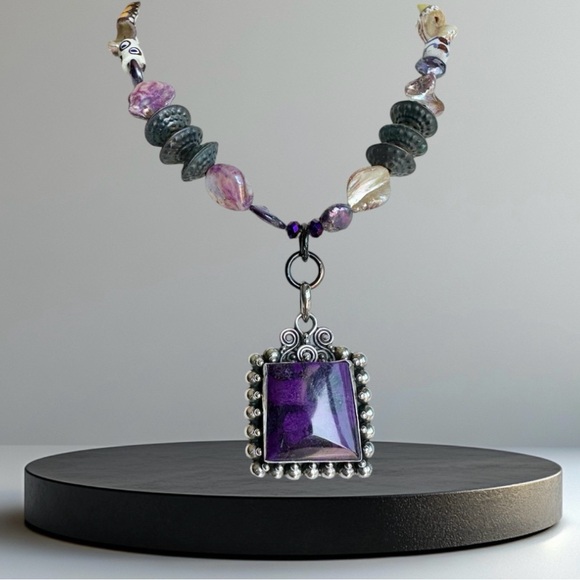 Purple Agate pendant sterling silver necklace African trade brass beads abalone - Picture 1 of 10